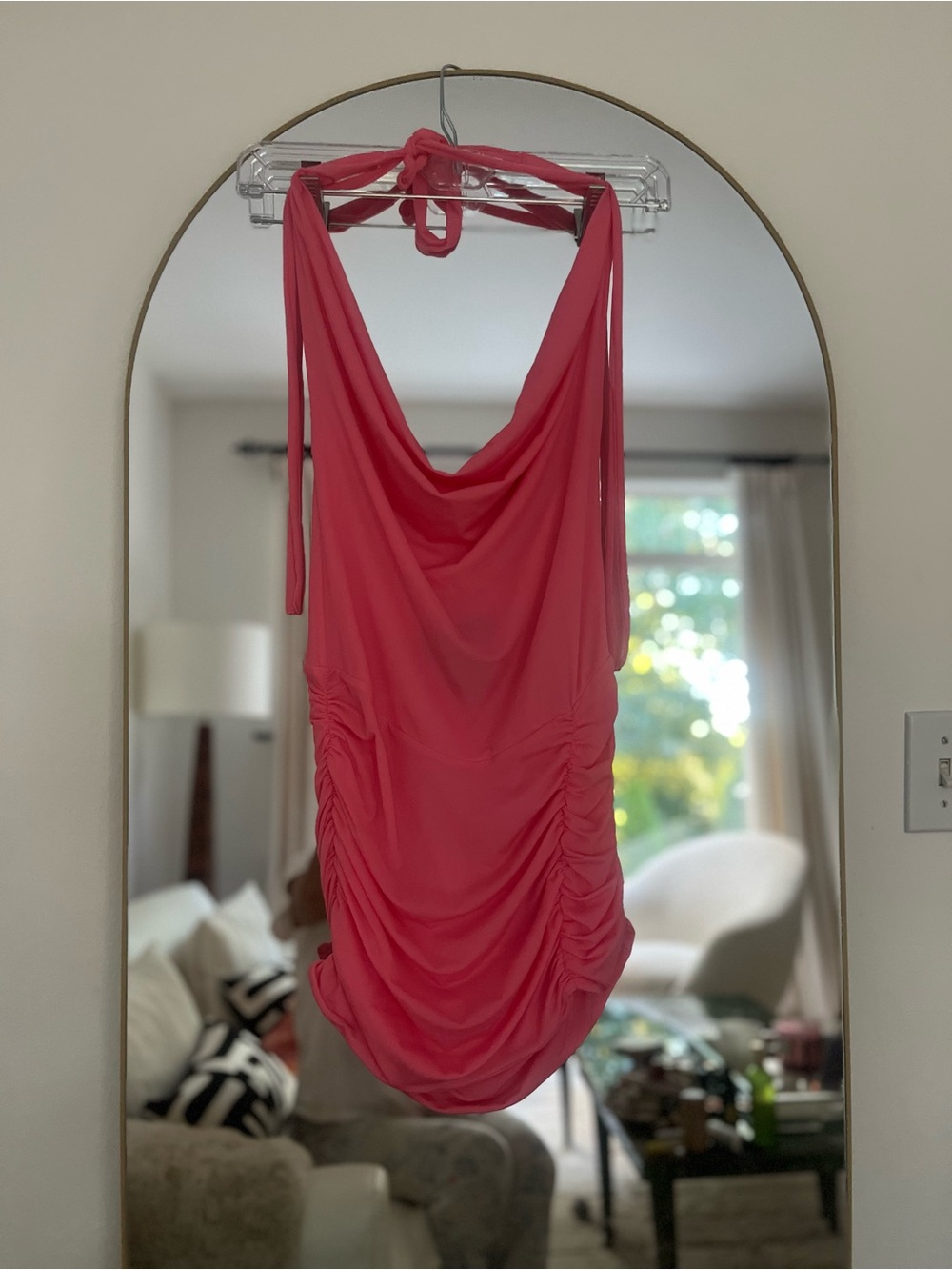 Indah Coral Pink Halter Benito mini dress in eco-friendly mesh. NWOT